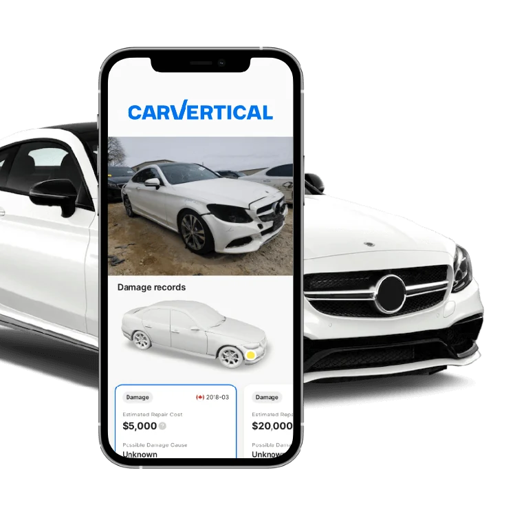 Ilustración de un informe de daños de carVertical y un coche